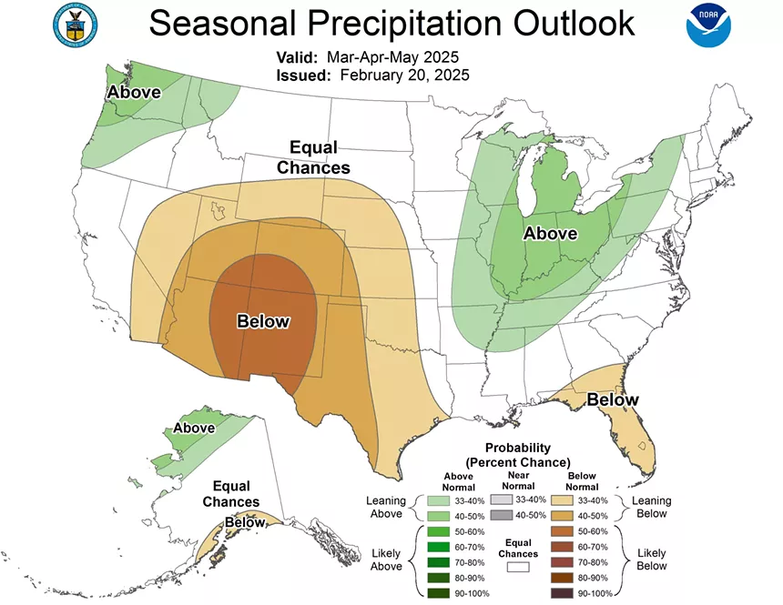 National Oceanic and Atmospheric Administration (NOAA) map of the U.S. showing seasonal precipitation outlook for March through May