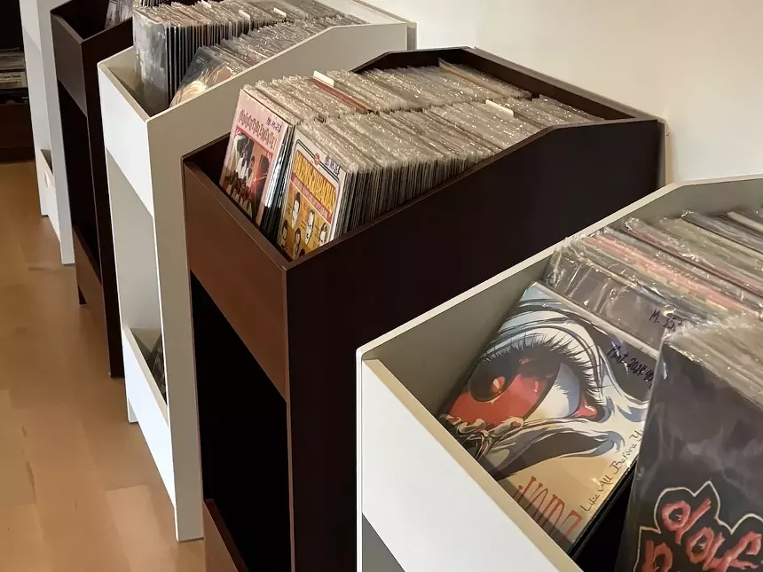 Racks of vinyl records at Fruit Fly Records in Miami