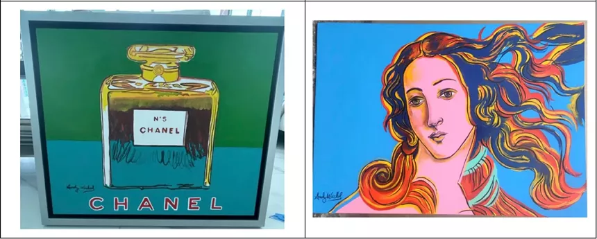 Two Andy Warhol pop art images. The art on the left is a Chanel perfume bottle.