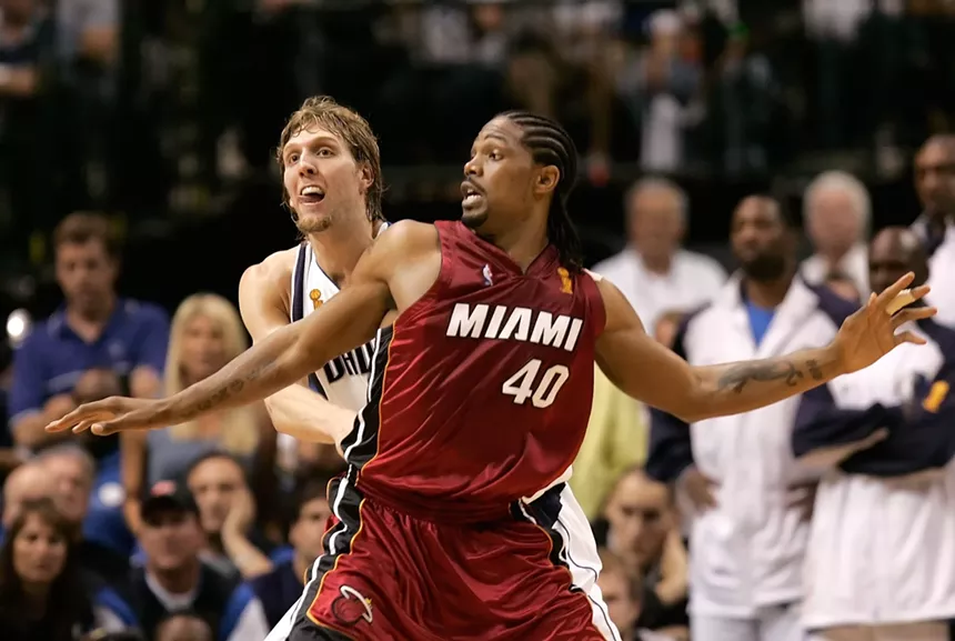 photo of Udonis Haslem and Dirk Nowitzki in Game 6 of the 2006 NBA Finals, a game the Heat won 95-92 to win the franchise's first NBA championship.