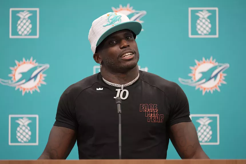 photo of wide receiver Tyreek Hill at a press conference announcing his acquisition by the Miami Dolphins from the Kansas City Chiefs in March 2022