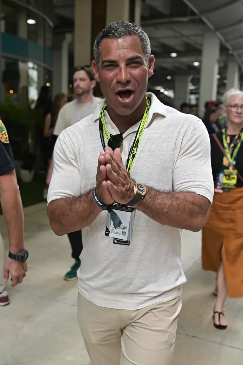 Miami Mayor Francis Suarez walking in the paddock at the 2025 Miami Grand Prix.