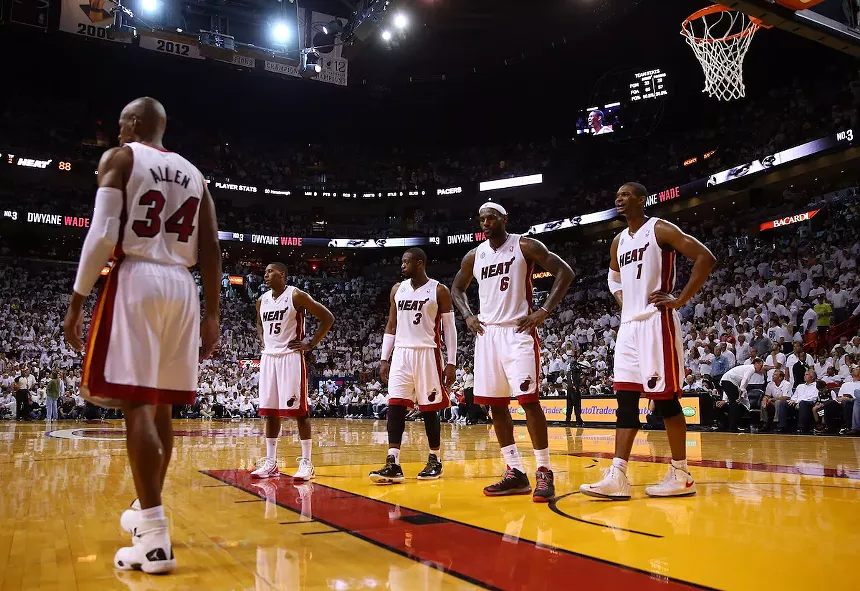 From left: Ray Allen, Mario Chalmers, Dwyane Wade, LeBron James, and Chris Bosh of the Miami Heat on the court facing the Indiana Pacers during Game 2 of the Eastern Conference Finals on May 24, 2013