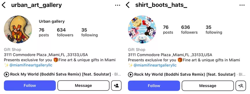 Instagram screenshots of accounts @urban_art_gallery and @_shirt_boots_hats_.