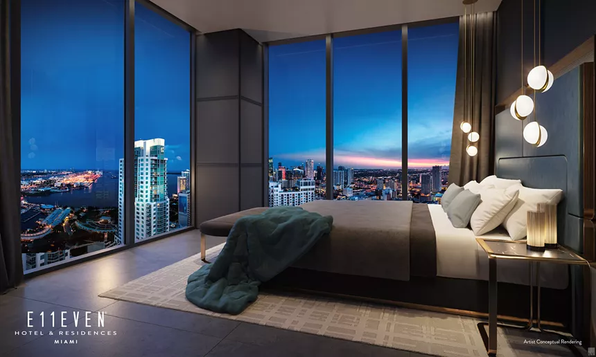 Bedroom inside the E11even Hotel and Residences