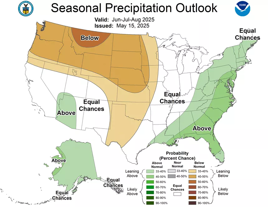 Precipitation outlook for this summer. A map of the United States shows Florida has above normal precipitation.