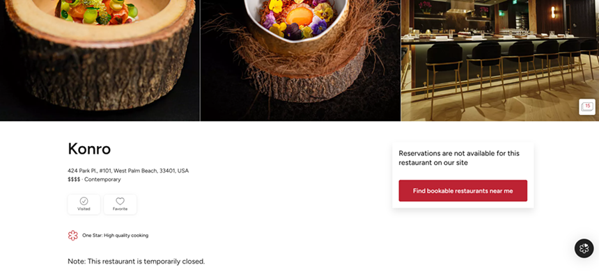 A screenshot showing that Konro is listed as "temporarily closed" on the Michelin Guide's website.