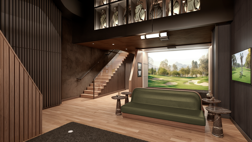 rendering of an indoor golf club with a couch, golf gear, and views of the course outside the windows