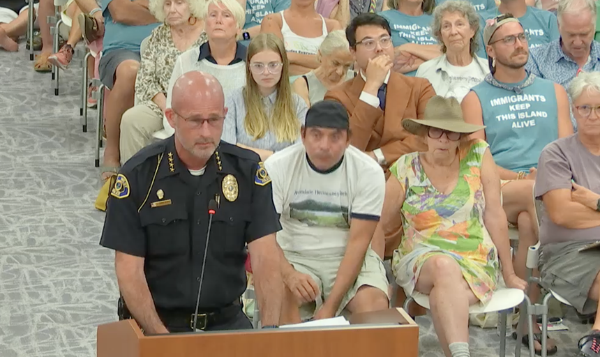 Key West Police Chief Sean Brandenburg speaks to an audience at City Hall.