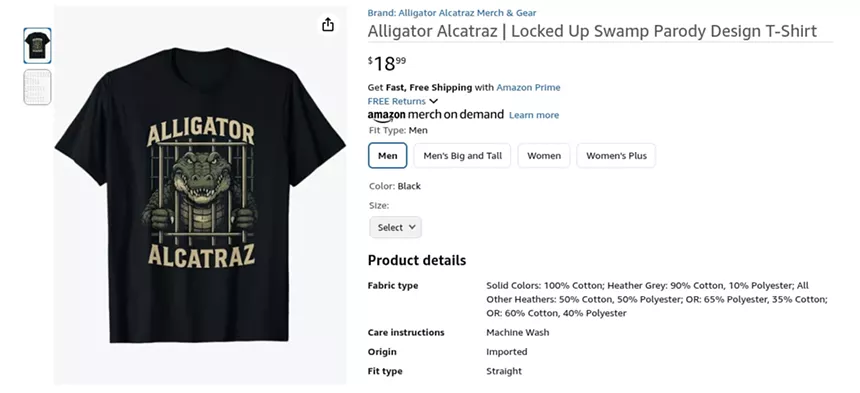 Alligator behind bars t-shirt that says "Alligator Alcatraz"