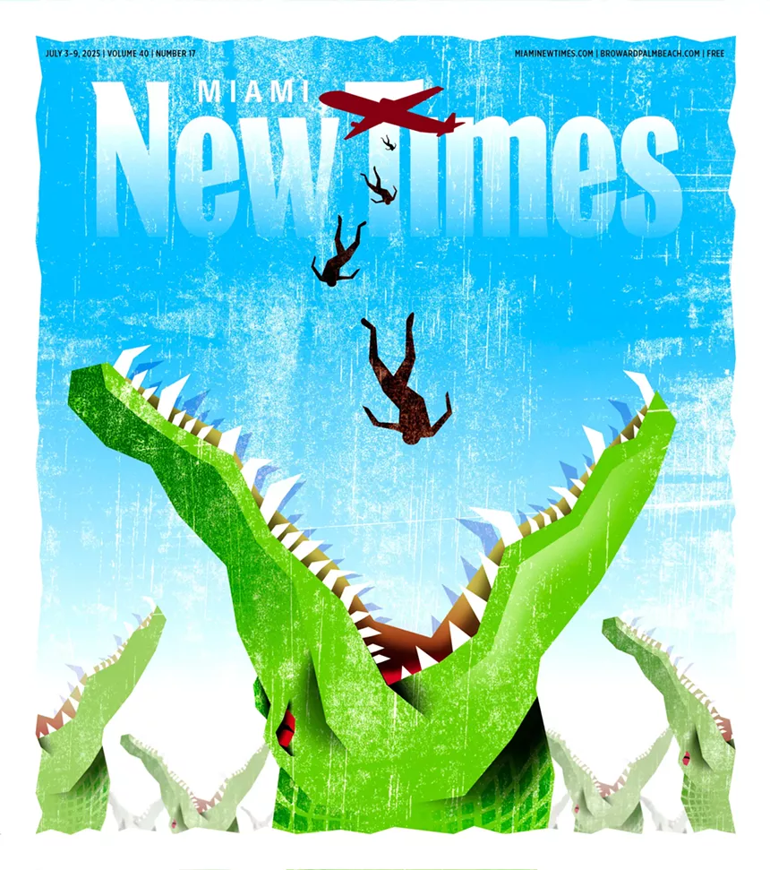 a colorful illustration showing human figures falling from an airplane through a cloudless sky into the maws of bright-green alligators