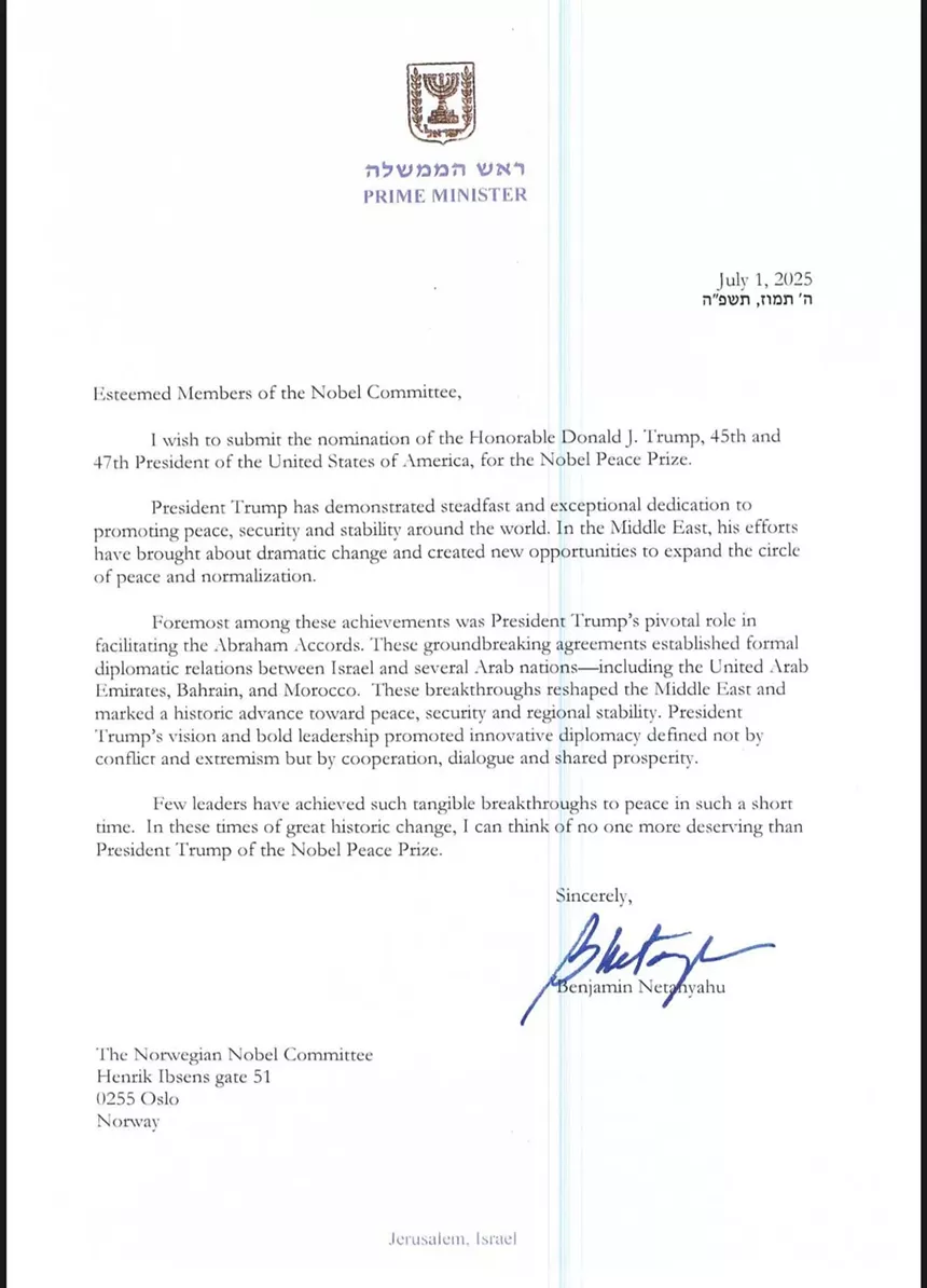 A letter from Israel Prime Minister Benjamin Netanyahu nominating President Donald Trump for the Nobel Peace Prize.