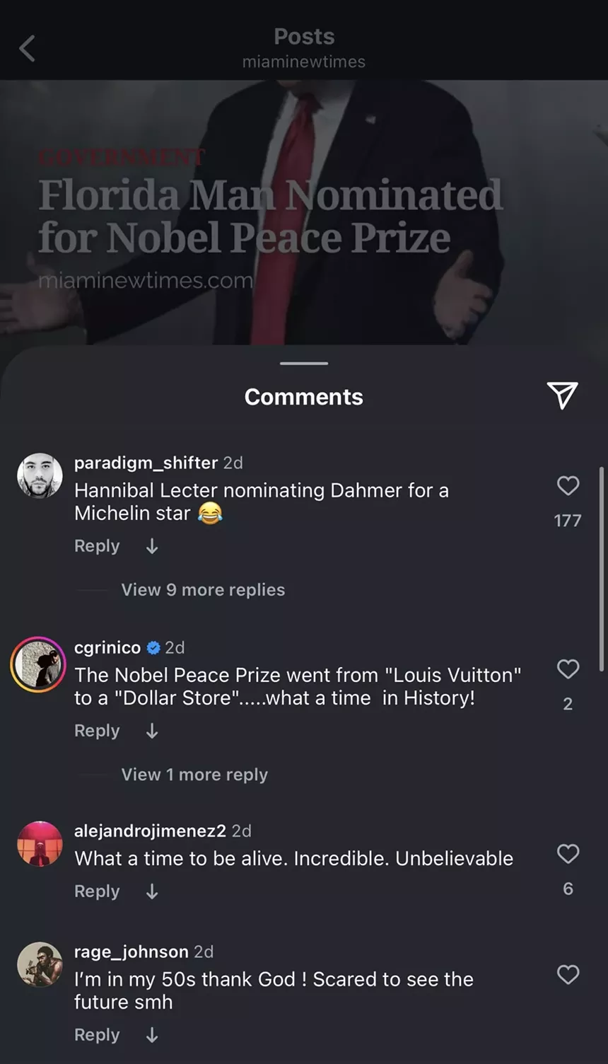 Comments on an Instagram post about "Florida Man Nominated for Nobel Peace Prize".