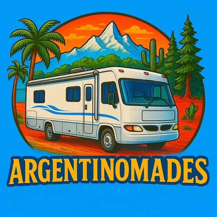 A logo of an RV on a blue background with a mountain and various trees that reads "Argentinomades"