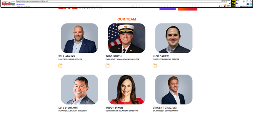 A screenshot shows a "404" error message where the "Our Leaders" page once lived on the website for Critical Response Strategies, a Jacksonville-based firm awarded a $78 million contract for security and support services at the site.