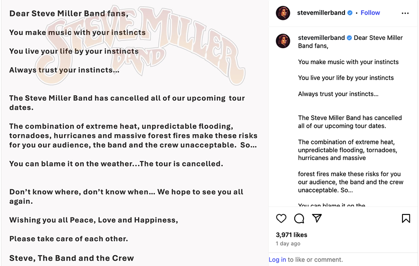 Instagram screenshot of a band statement.