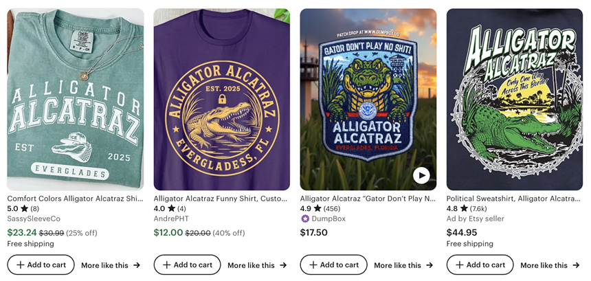 Several Alligator Alcatraz shirts for sale on Etsy.