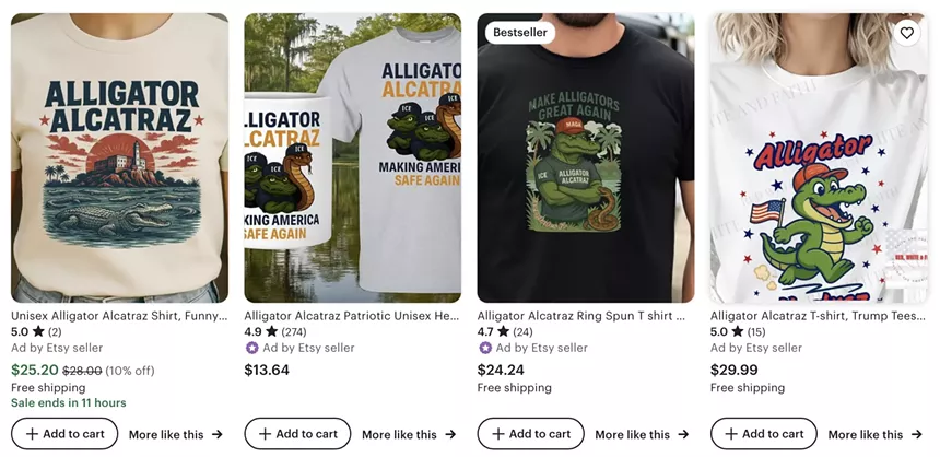 Several Alligator Alcatraz shirts for sale on Etsy.