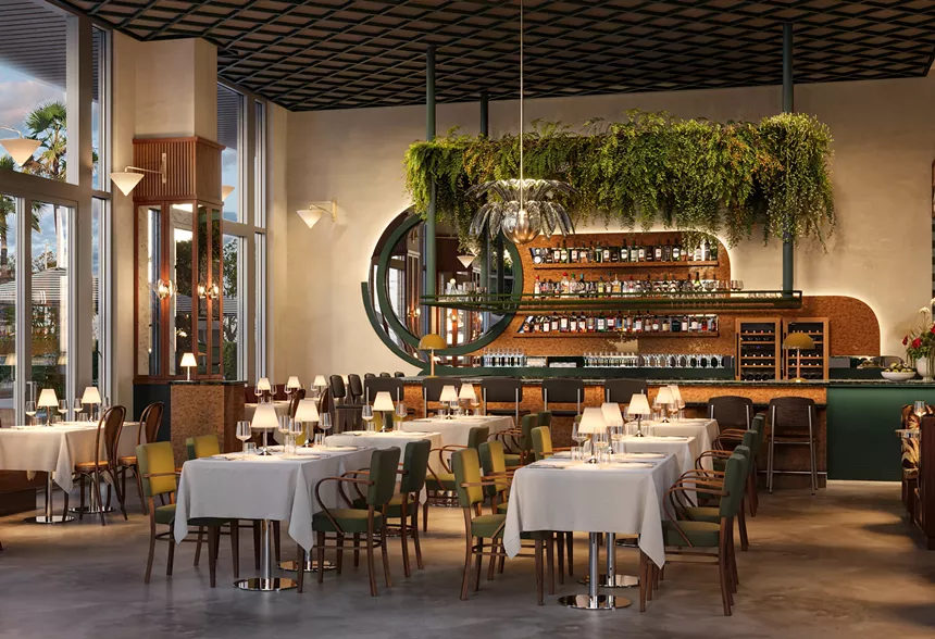 a dining room with tables