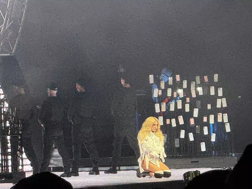Picture of a woman on stage wearing a straitjacket.