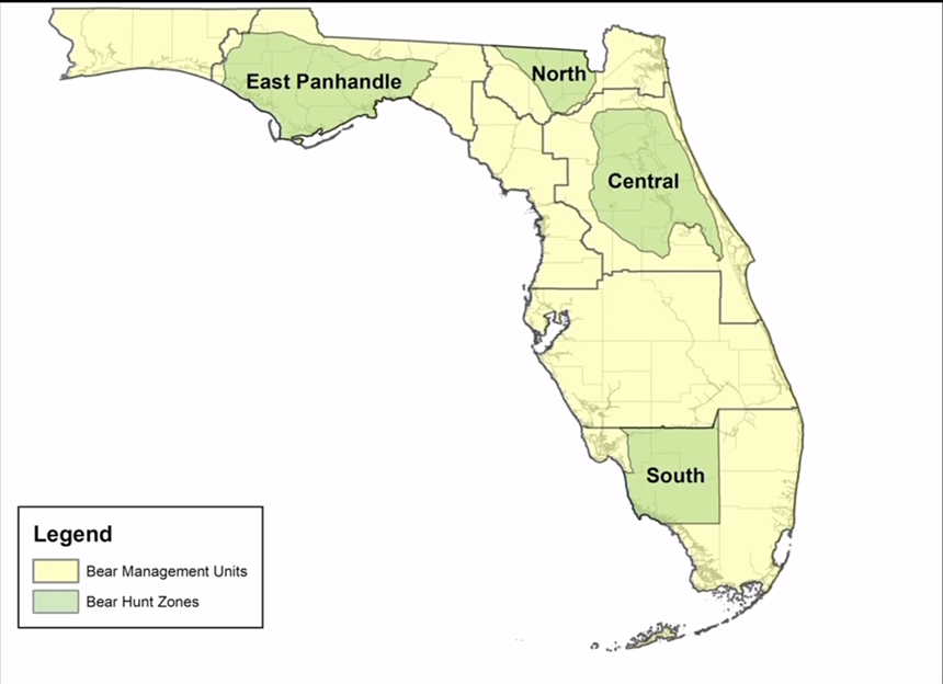 A map of approved black bear hunting areas in Florida.