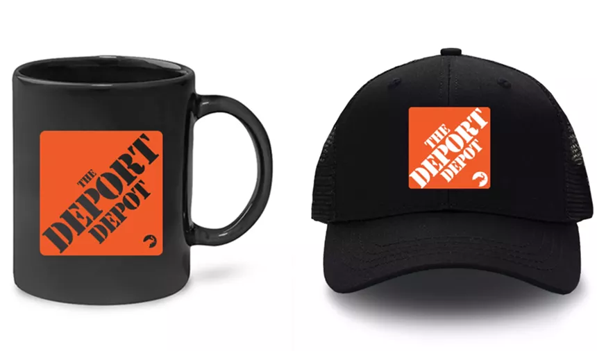 Side-by-side images of a black "The Deport Depot" coffee mug and a black "The Deport Depot" mesh hat featuring logos that mimic that of The Home Depot