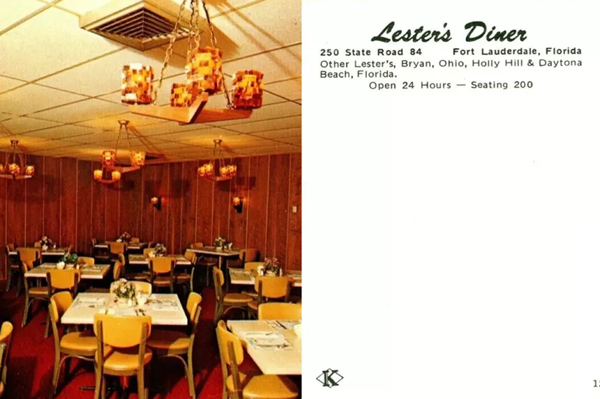 postcard featuring a vintage dining room to the left and writing to the right