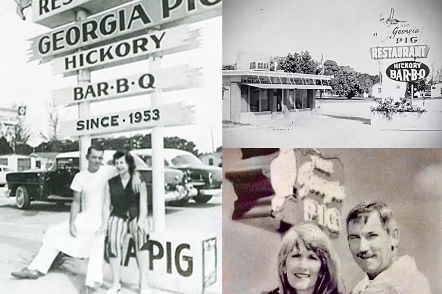 a collage of three vintage black and white photographs featuring old signs and cars