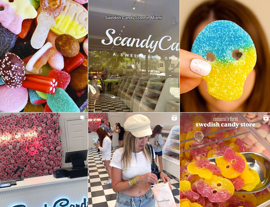 a collage of photos depicting the new Scandy Candy store with people trying coloful candies