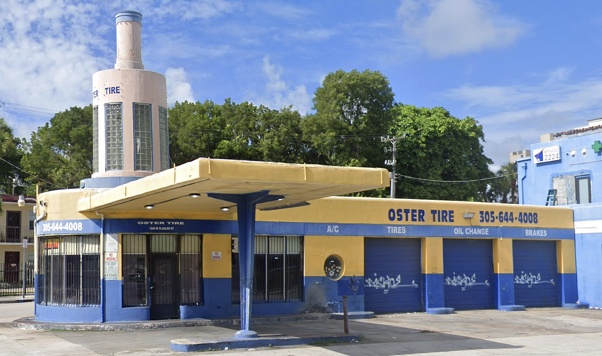 Google Maps screenshot of a shuttered, blue and yellow tire shop with a painted sign reading, "Oster Tire 305-644-4008"