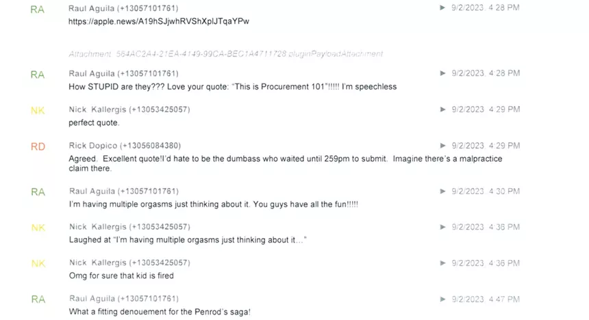 Screenshot of text messages between Raul Aguila, Nicholas Kallergis, Rafael Paz, and Ricardo Dopico