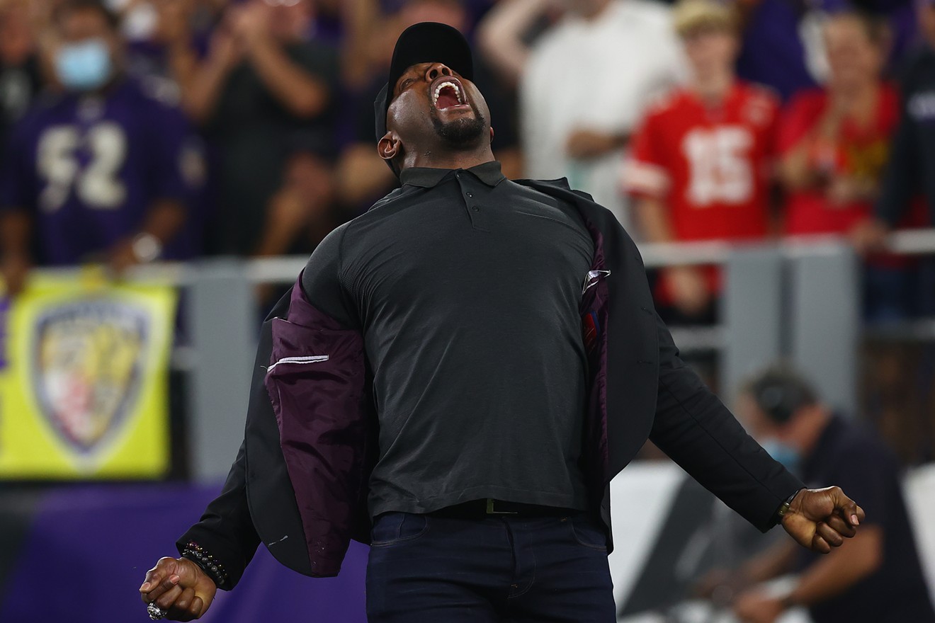 Hall of Fame linebacker Ray Lewis yells out prior to a Baltimore Ravens game against the Kansas City Chiefs on September 19, 2021.