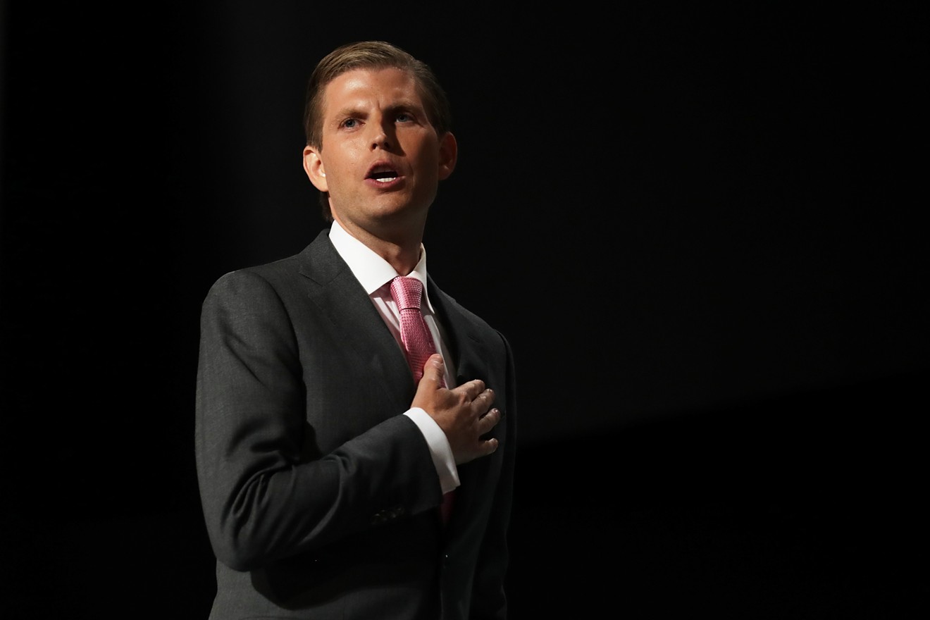 Eric Trump holds his hand to his heart after delivering a speech at the 2016 Republican National Convention at the Quicken Loans Arena in Cleveland, Ohio.