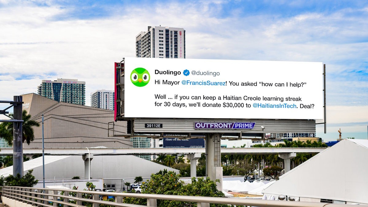 Duolingo challenged Mayor Francis Suarez on social media (not this photoshopped billboard) to learn Haitian Creole.