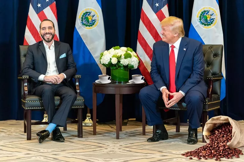 Image: The president of El Salvador, Nayib Bukele, and Donald Trump have a chat while an artist conception of a bag of coffee beans rests in the corner