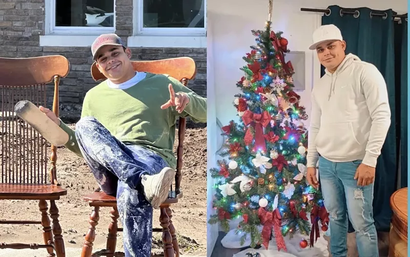 Image: Left: a young man smiles from a wooden chair/ Right: The same young man poses next to a Christmas tree.