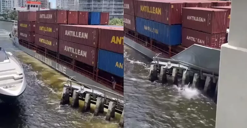 Image: Video posted online shows a container ship crashing into a barrier beneath the Brickell Avenue Bridge this afternoon.
