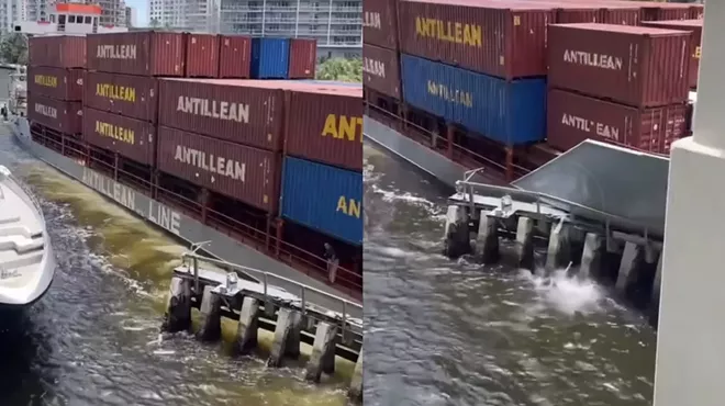 Video posted online shows a container ship crashing into a barrier beneath the Brickell Avenue Bridge this afternoon.