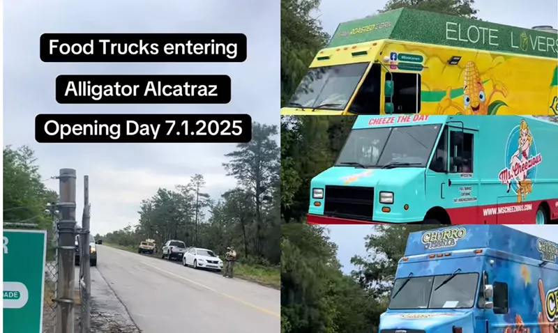 Image: Viral TikTok of Miami food trucks Kona Ice, Ms. Cheezious, ChurroMania, and Elote Lovers at the immigrant detention center, Alligator Alcatraz.