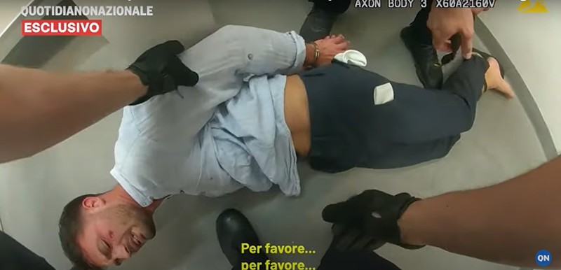 Police hogtie Florida International University student Matteo Falcinelli on the floor of a cell on February 25, 2024.