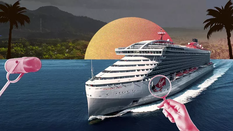 Image: Graphic of cruise with a magnifying class and sun setting