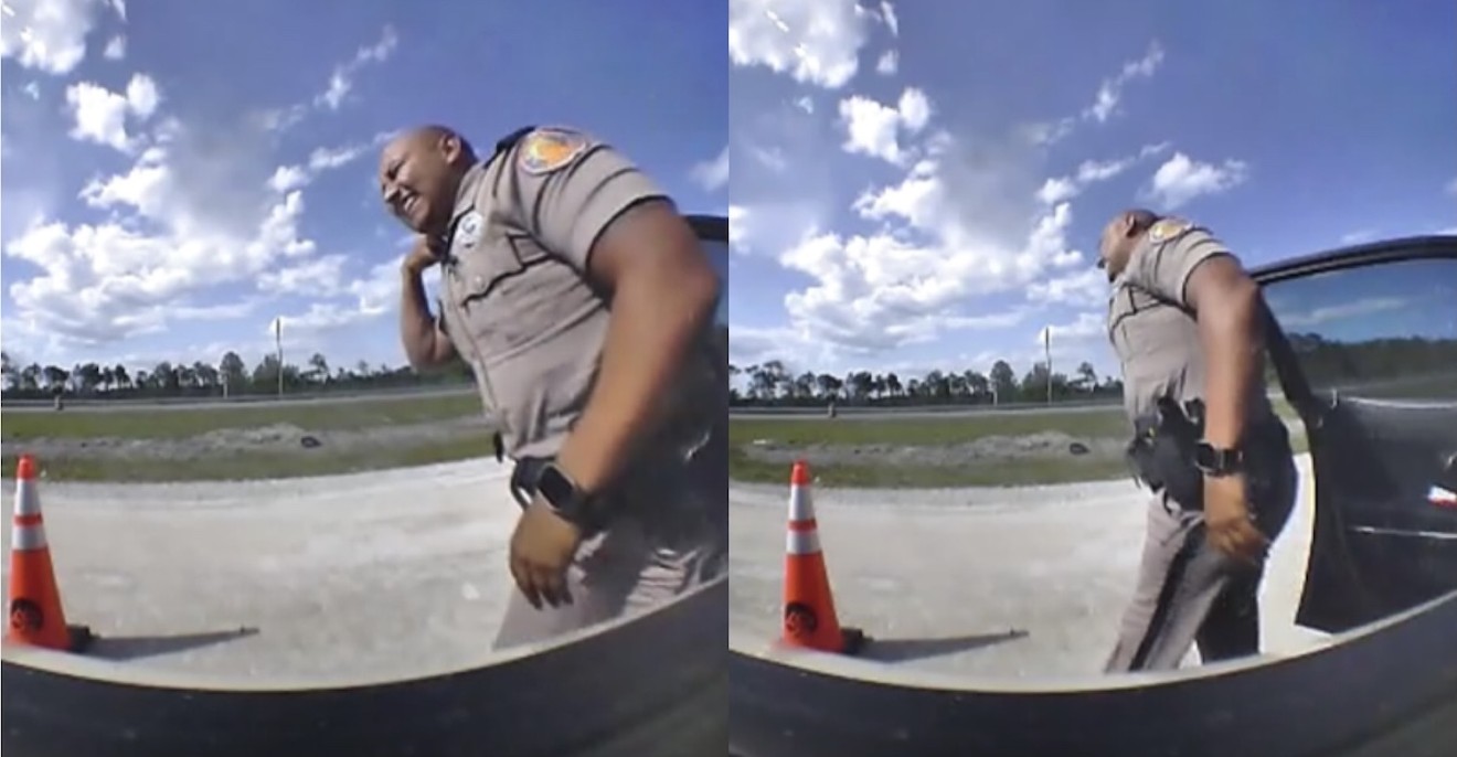 A Florida Highway Patrol trooper emerges from a violent highway crash in which former congressman Madison Cawthorn was accused of rear-ending the trooper's vehicle.