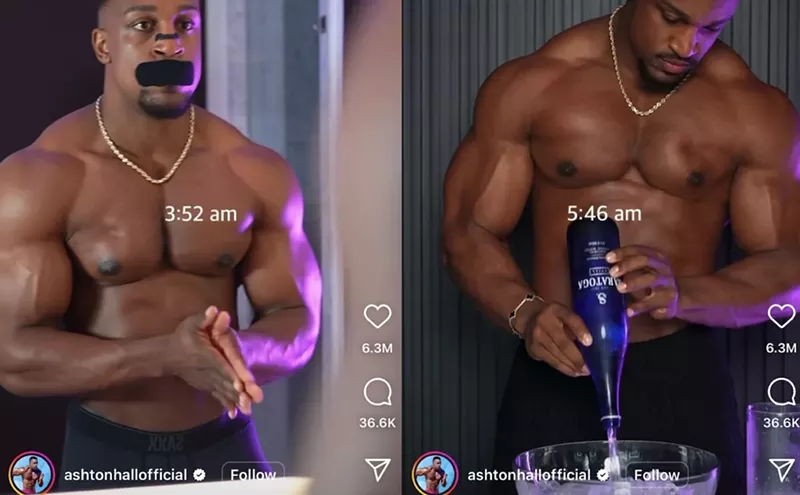 Image: A photo collage of fitness influencer Ashton Hall standing infront of the mirror and pouring a bottle of Saratoga Spring Water into a bowl.