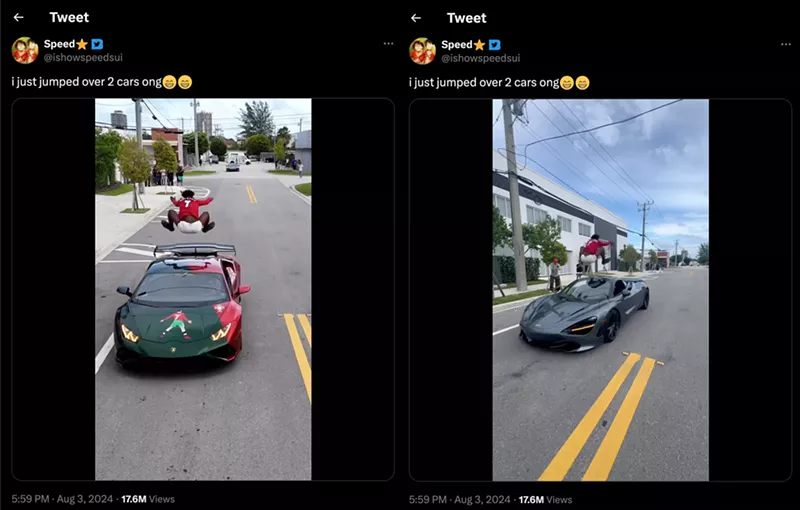Image: screenshots of a man jumping over 2 sports cars in succession as they drive toward him