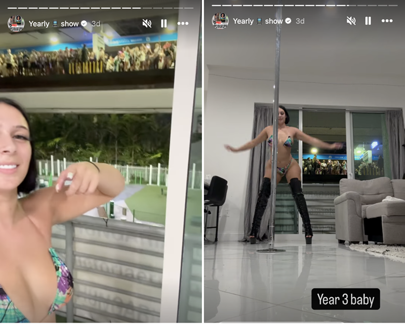 Image: social media screenshots of a stripper dancing for a crowd on a train platform across from her apartment window