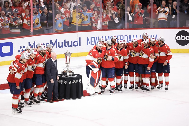 The Florida Panthers pose with the Prince of Wales Trophy after winning the Eastern Conference Finals against the New York Rangers at Amerant Bank Arena on June 1, 2024.