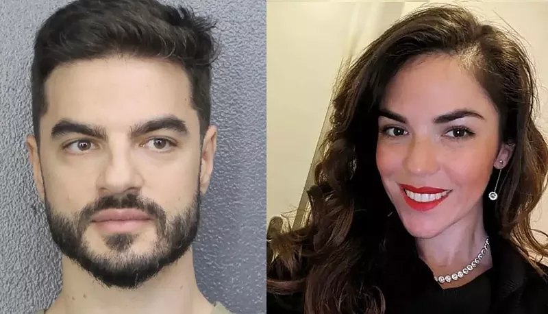 Image: Side-by-side photos: David Knezevich, a bearded man with strong eyebrows and brown hair after his arrest; his missing wife