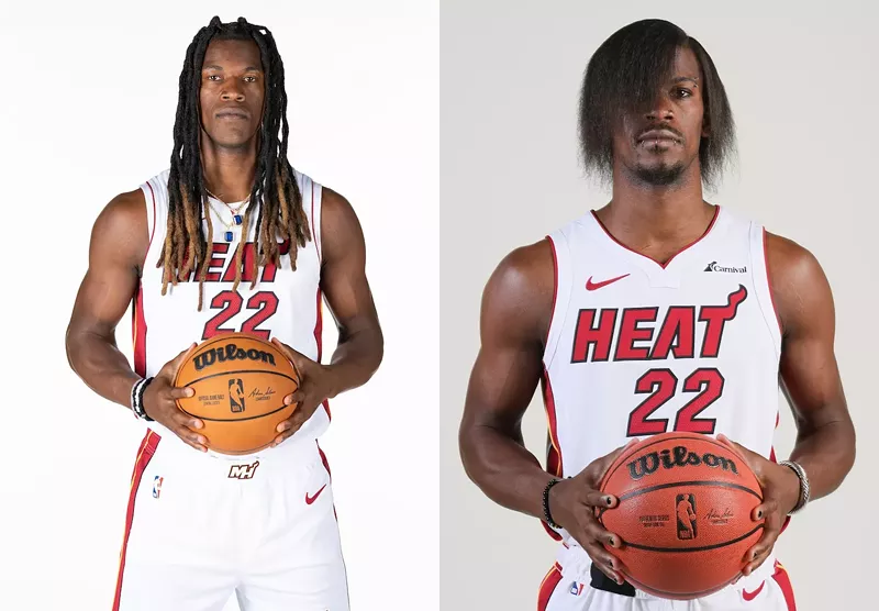 Image: Side-by-side photos of Miami Heat All-Star forward Jimmy Butler taken on preseason media day in October 2022 and 2023