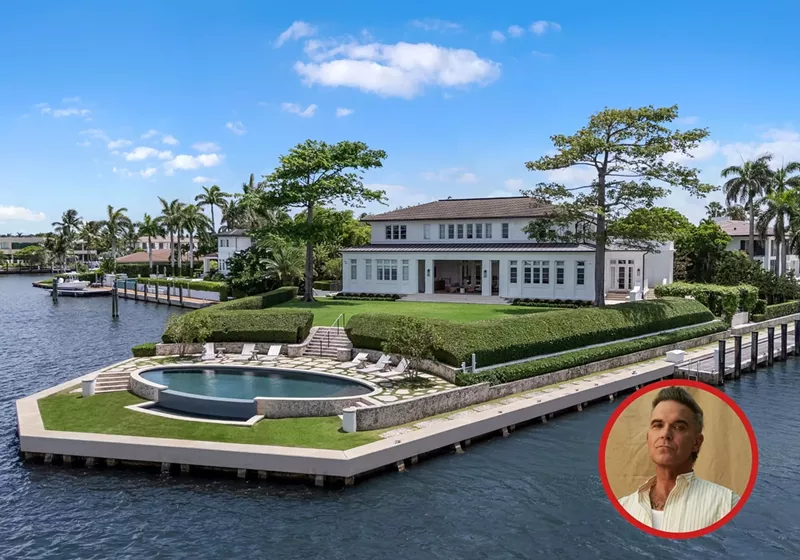 Image: Picture of a waterfront mansion next to a portrait of Robbie Williams.
