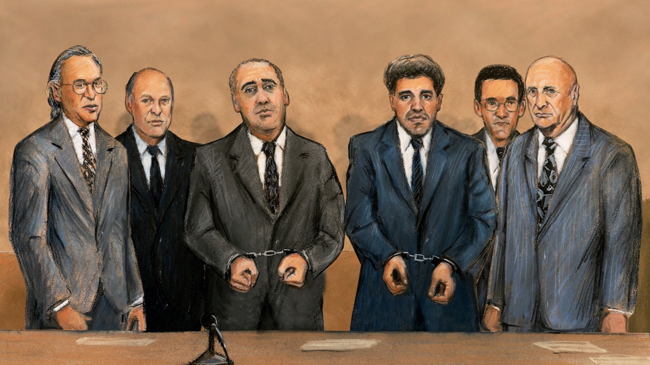 A courtroom illustration from Cocaine Cowboys: The Kings of Miami